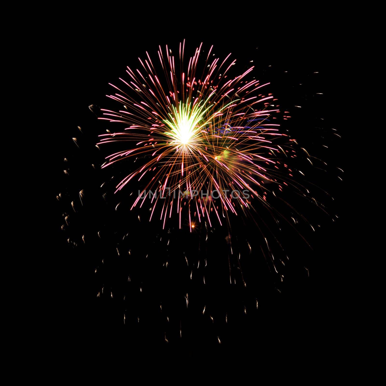 Colorful fireworks isolated on black sky background.