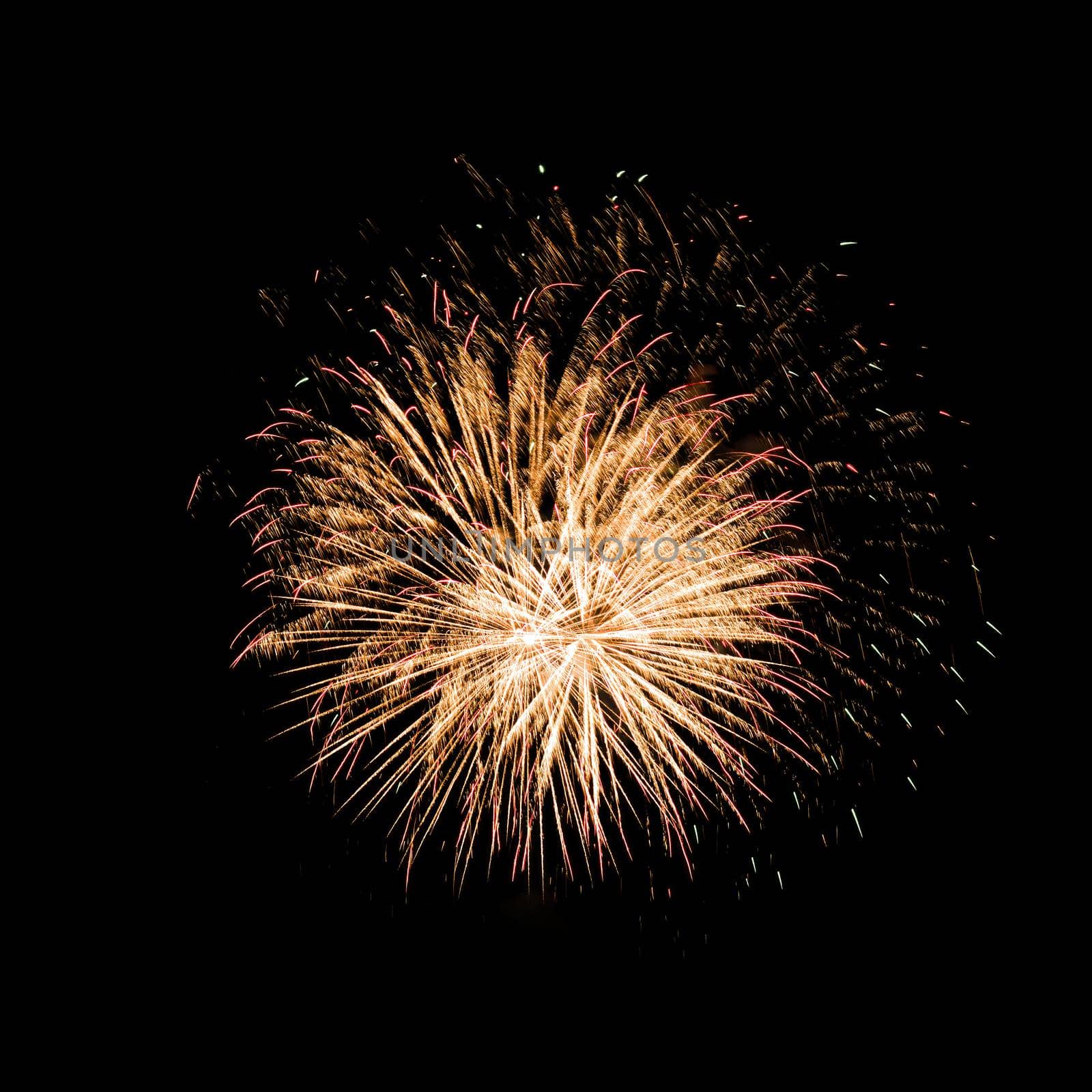 Colorful fireworks isolated on black sky background.