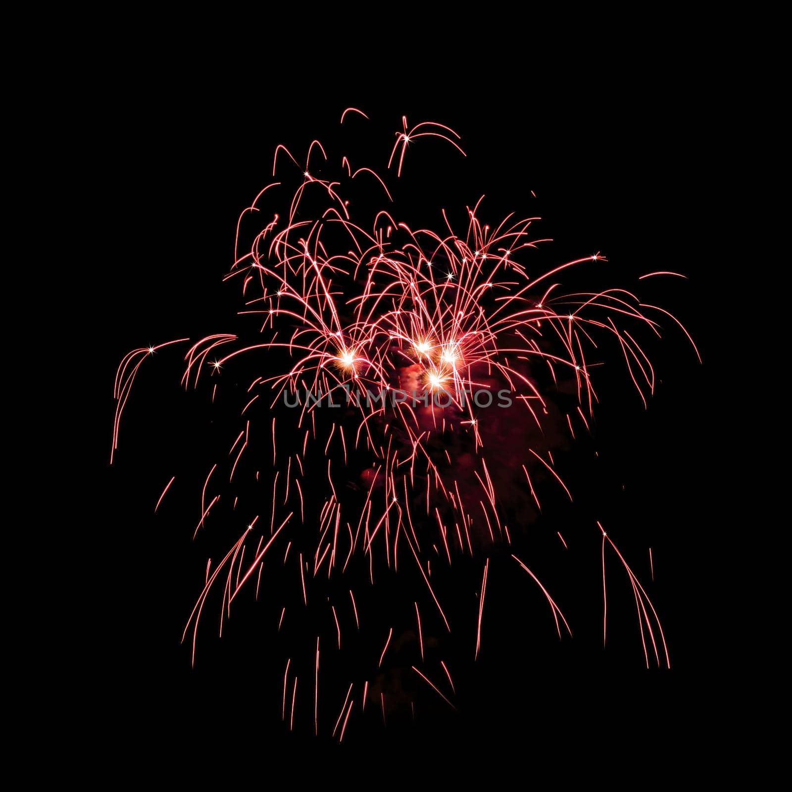 Colorful fireworks isolated on black sky background.