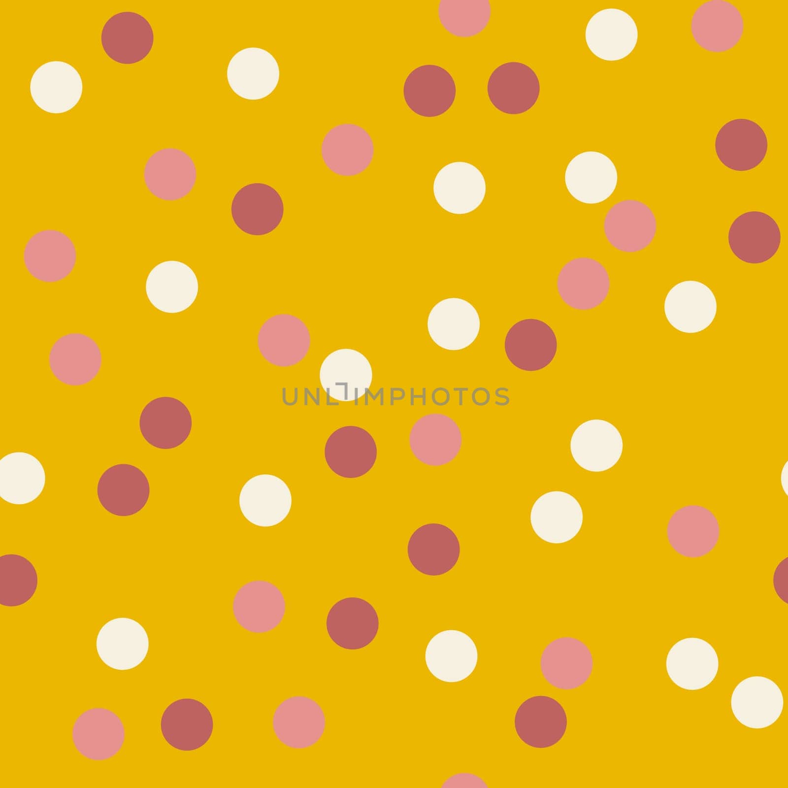 Hand drawn seamless pattern with beige marsala geometric circles on vintage yellow. Large abstract polka dot round shapes, minimalist mid century modern style, neutral retro vintage style, fashion fabric wrapping