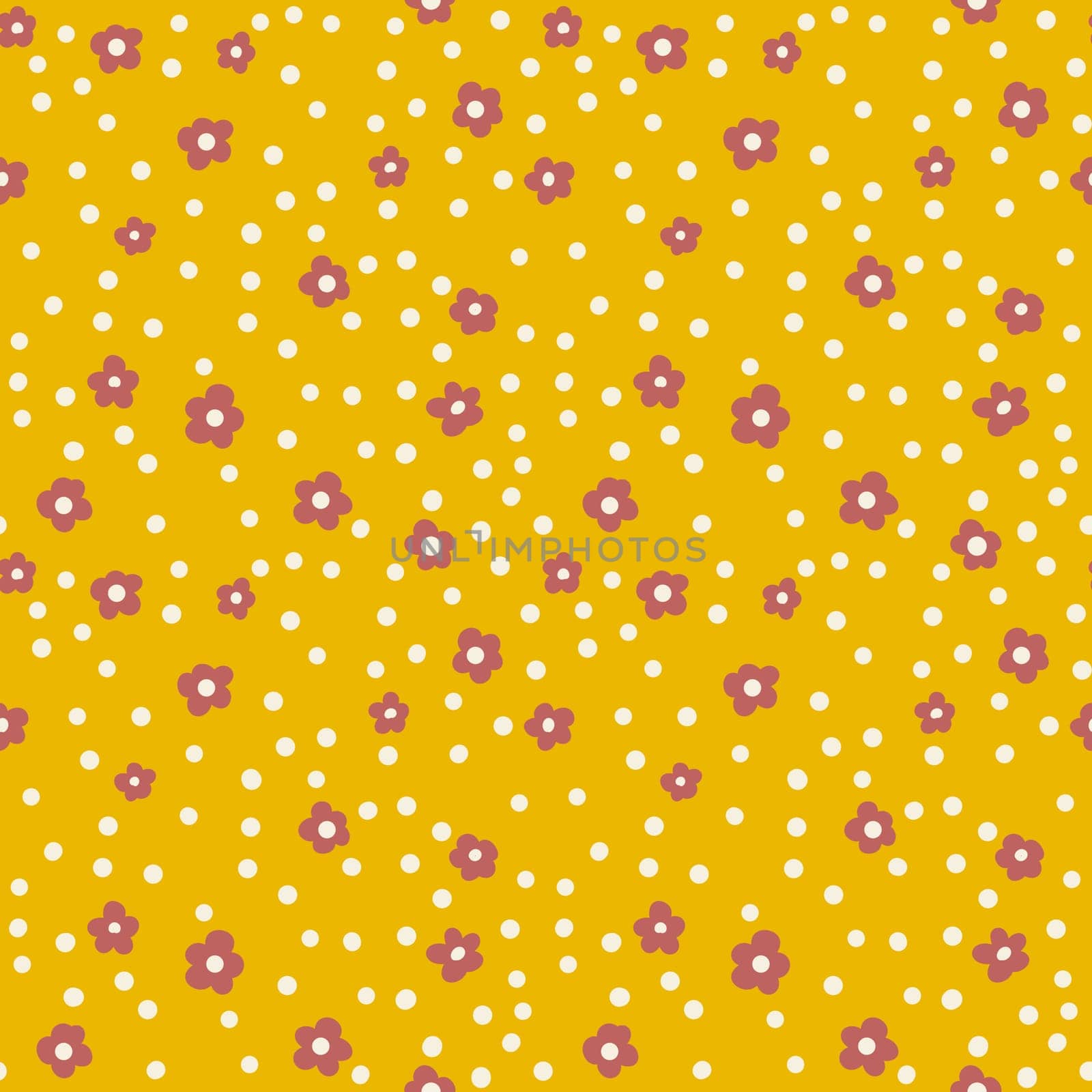 Hand drawn seamless pattern with small ditsy red flowers on yellow background white polka dot. Retro vintage floral design, tiny bloom blossom, mid century boho textile