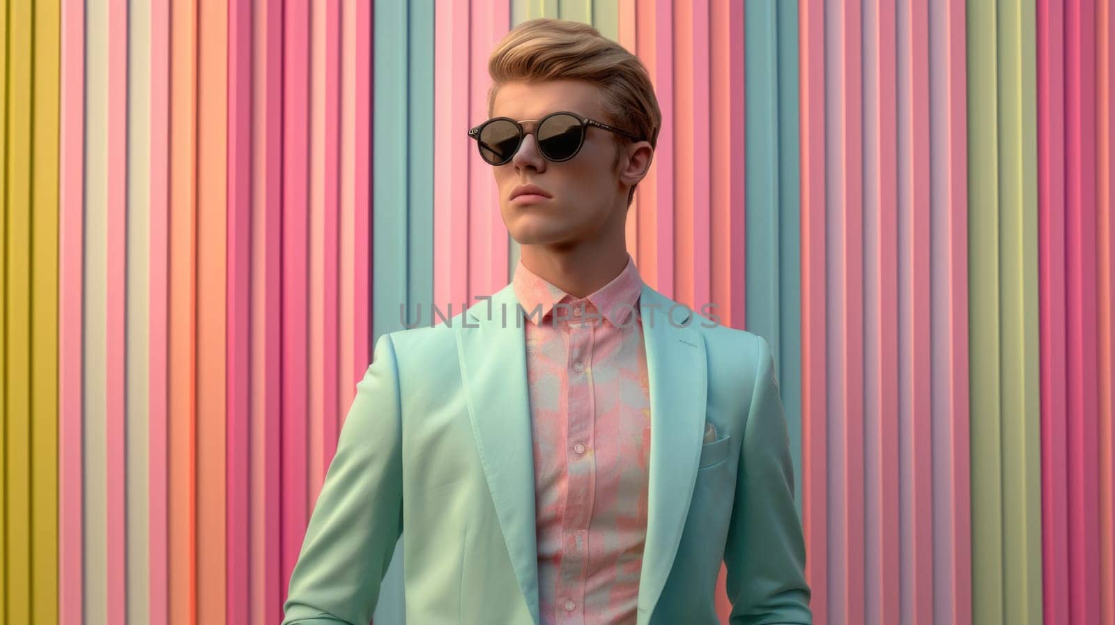 Young male model posing with trendy man fashion outfit and colorful pastel mood optical art abstract background. Picturesque generative AI