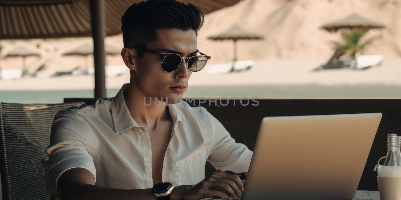Business person use laptop computer in luxury resort hotel beach club in summer. superlative generative AI image.