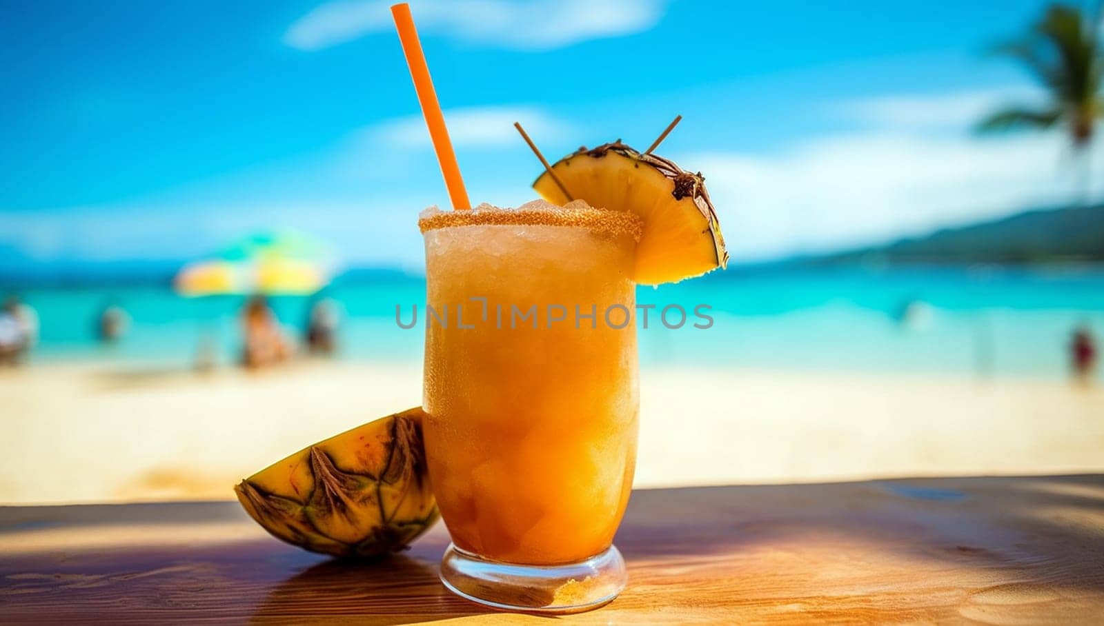Pineapple tropical cocktails on a beach, alcoholic cocktails white sand and ocean background. Summer sea vacation and travel concept. Holiday