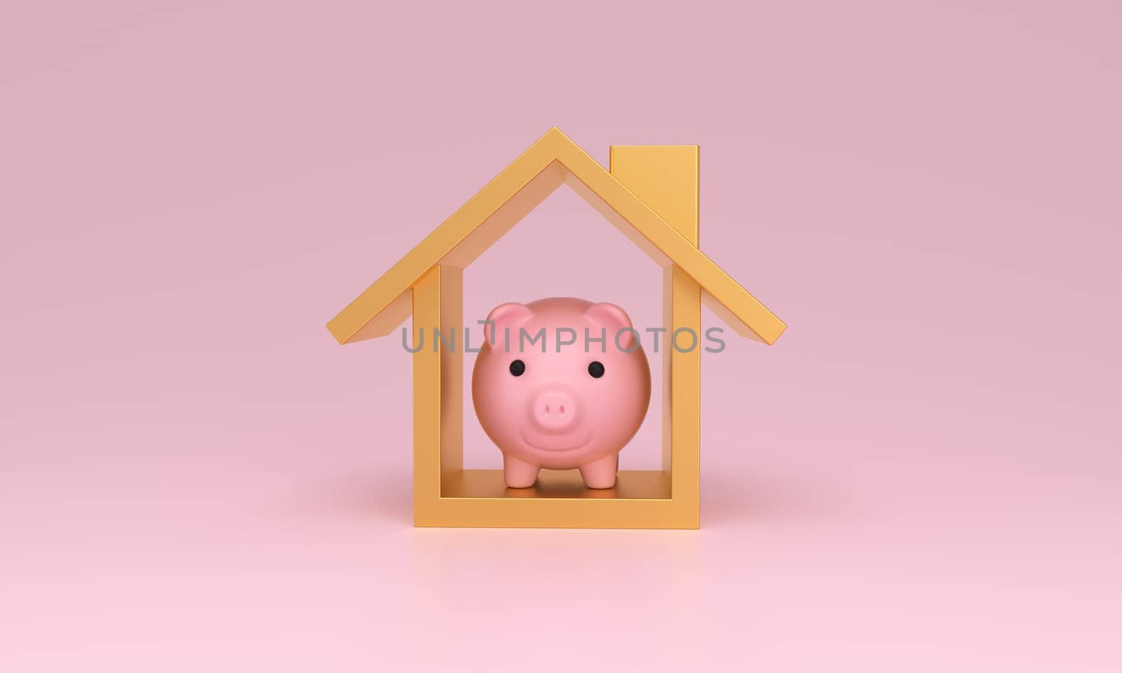 Piggy bank inside icon house on pink background. 3D rendering.