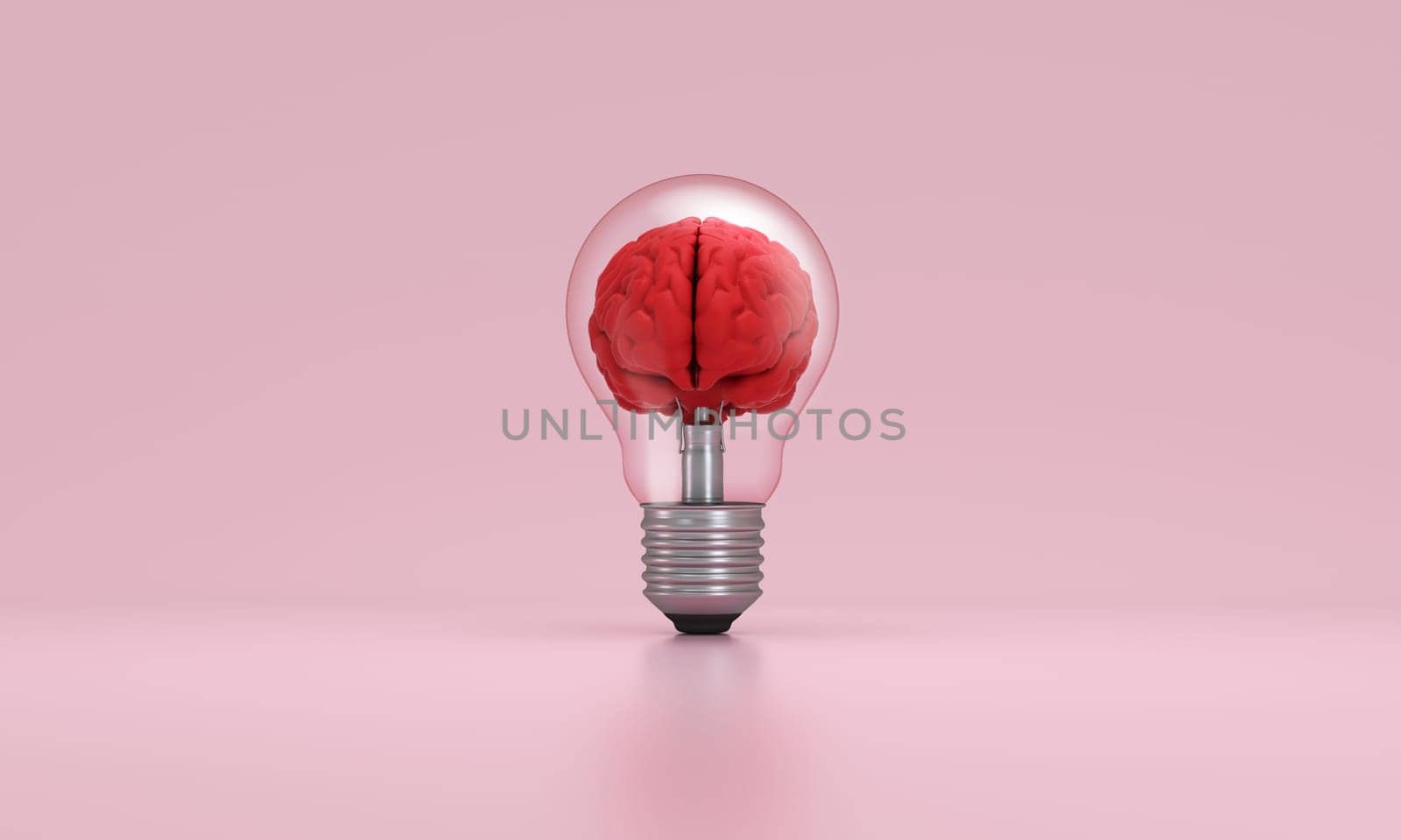 Brain inside a light bulb on pink background. Concept of inspiration, creativity, idea, education, innovation. 3D rendering.
