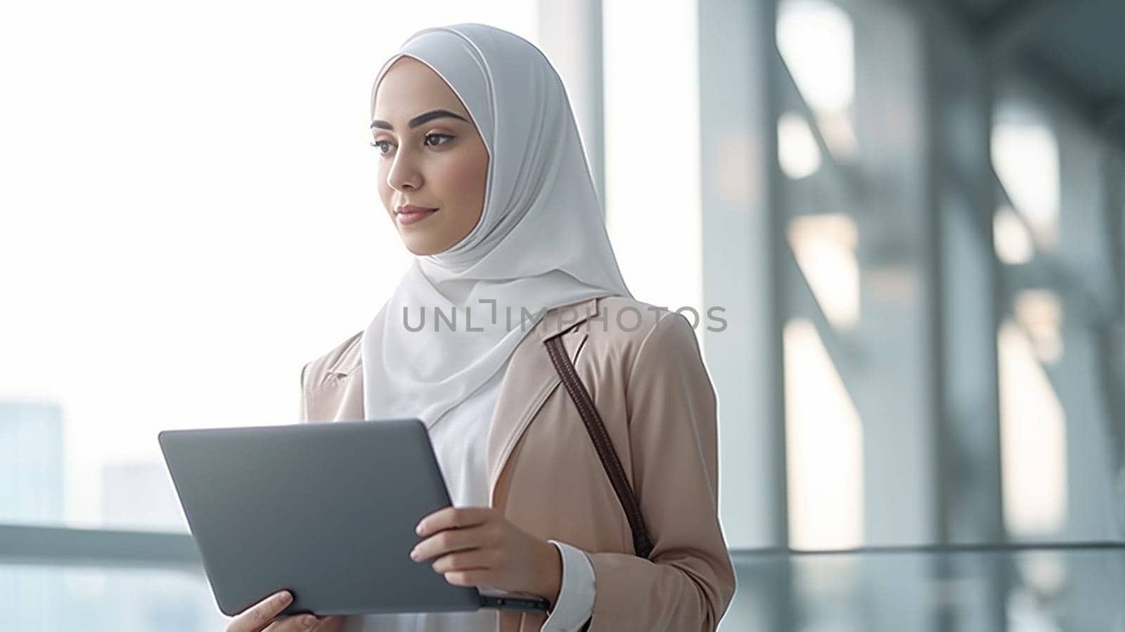 Successful Muslim woman portrait at modern Office Portrait of Muslim Businesswoman Wearing Hijab. Empowered Digital Entrepreneur. Beauty