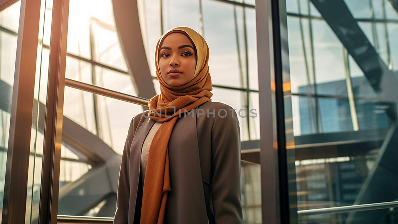 Successful Muslim woman portrait at modern Office Portrait of Muslim Businesswoman Wearing Hijab. Empowered Digital Entrepreneur. Beauty