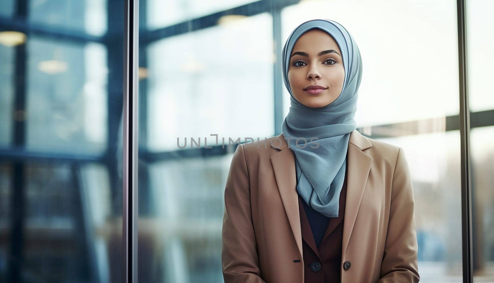Successful Muslim woman portrait at modern Office Portrait of Muslim Businesswoman Wearing Hijab. Empowered Digital Entrepreneur. Beauty