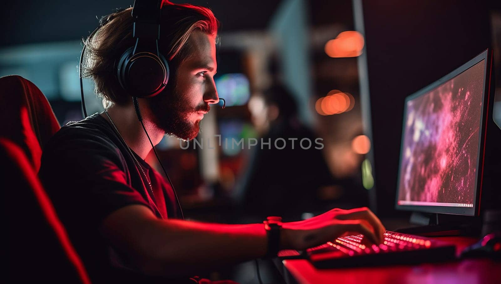 Professional Gamer Playing First-Person Shooter Online Video Game on His Powerful Personal Computer. Room and PC have Colorful Neon Led Lights. Young Man is Wearing a headset. Cozy Evening at Home. by Annebel146