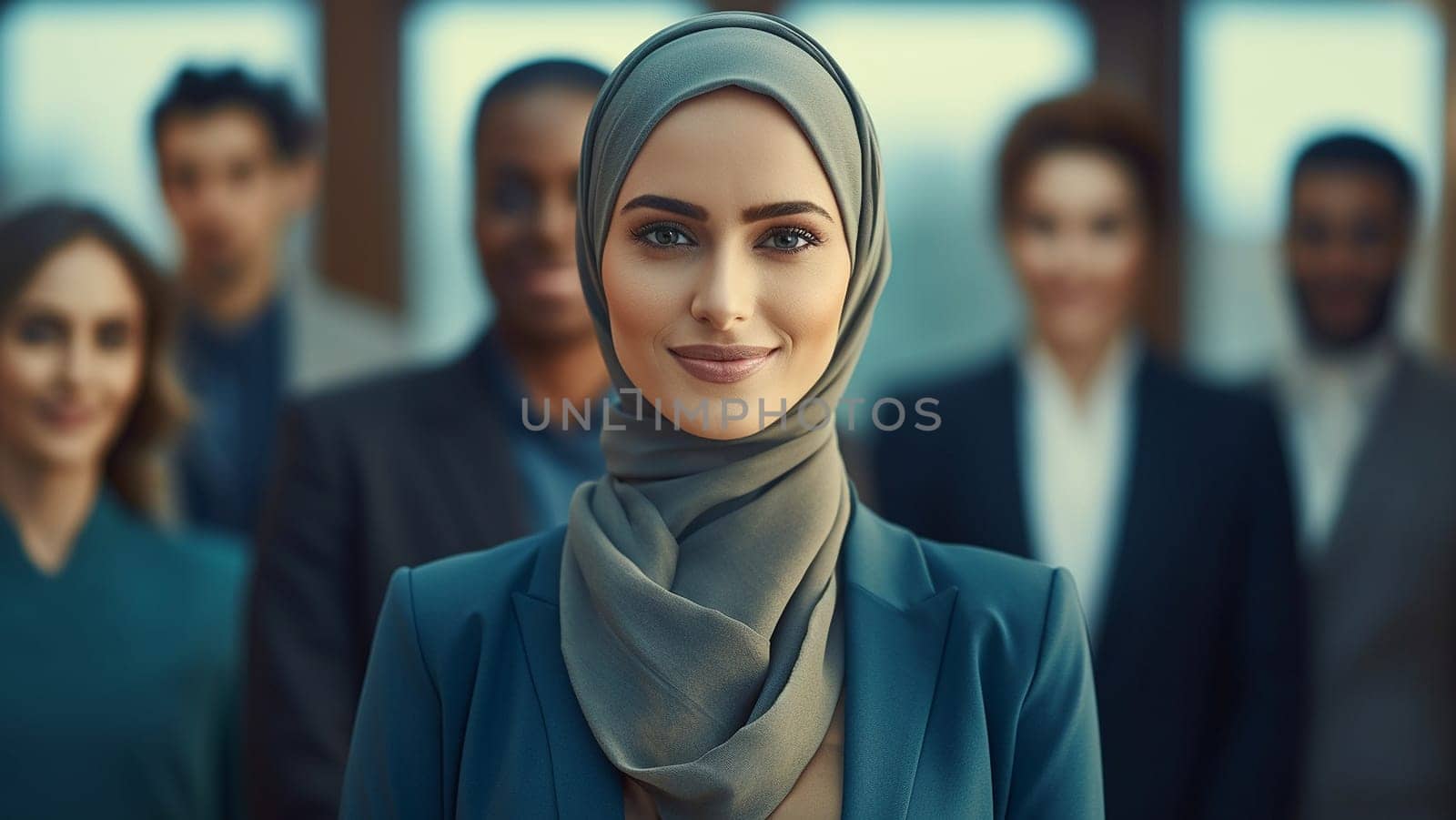 Successful muslim business woman smiling confident with arms crossed female manager in office. Blurred team behind her on the background. Teamleader, Muslim boss concept. Powrful woman Islam