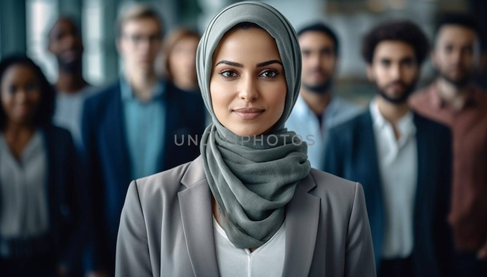 Successful muslim business woman smiling confident with arms crossed female manager in office. Blurred team behind her on the background. Teamleader, Muslim boss concept. Powrful woman by Annebel146