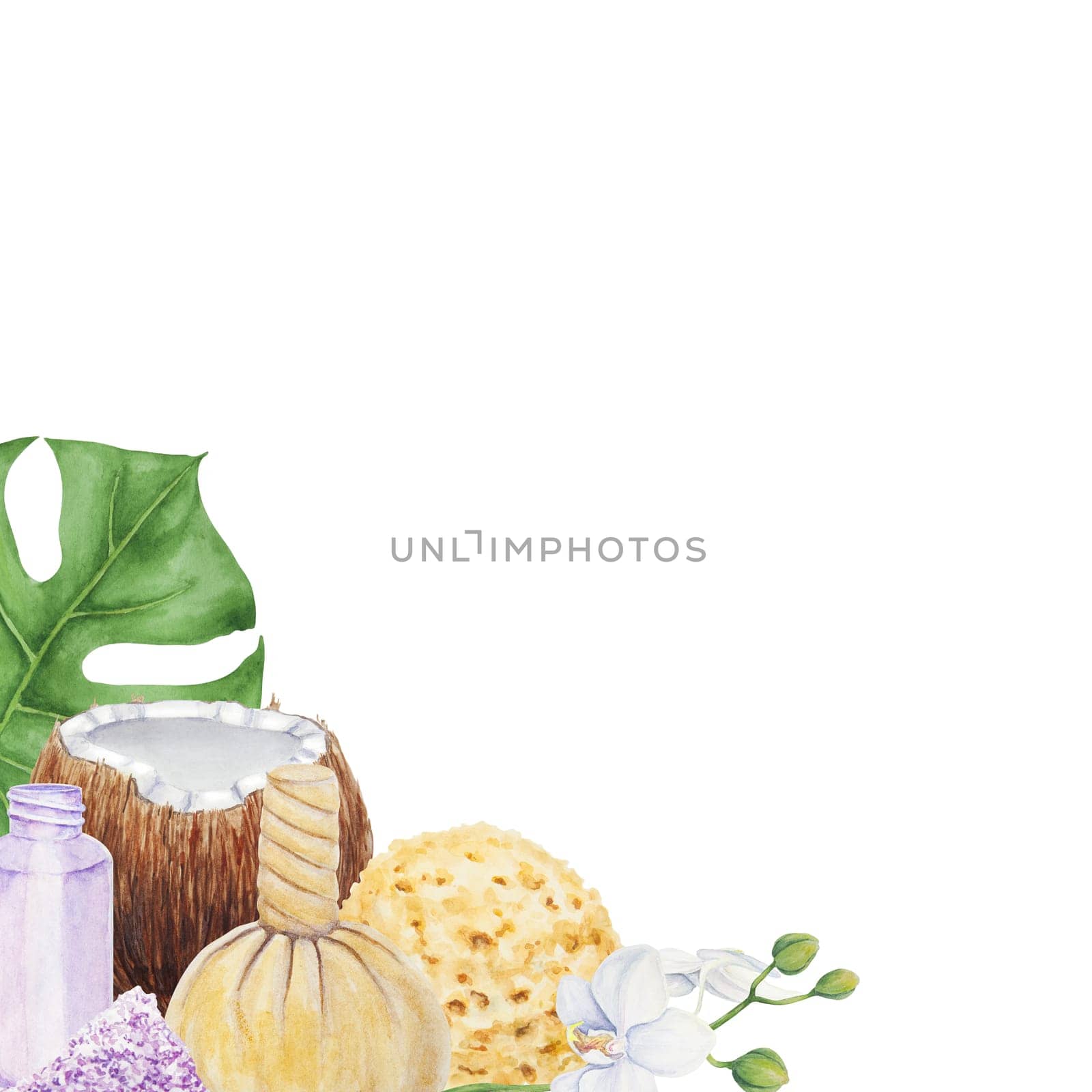 Tropical spa and bathroom accessories. Watercolor hand drawn illustration. Composition for spa salon and wellness center: salt, natural sponge, massage bag, bottle, aroma candle with white orchid flower, coconut and monstera leaf. Clipart for fashion, beauty, cosmetics prints and designs