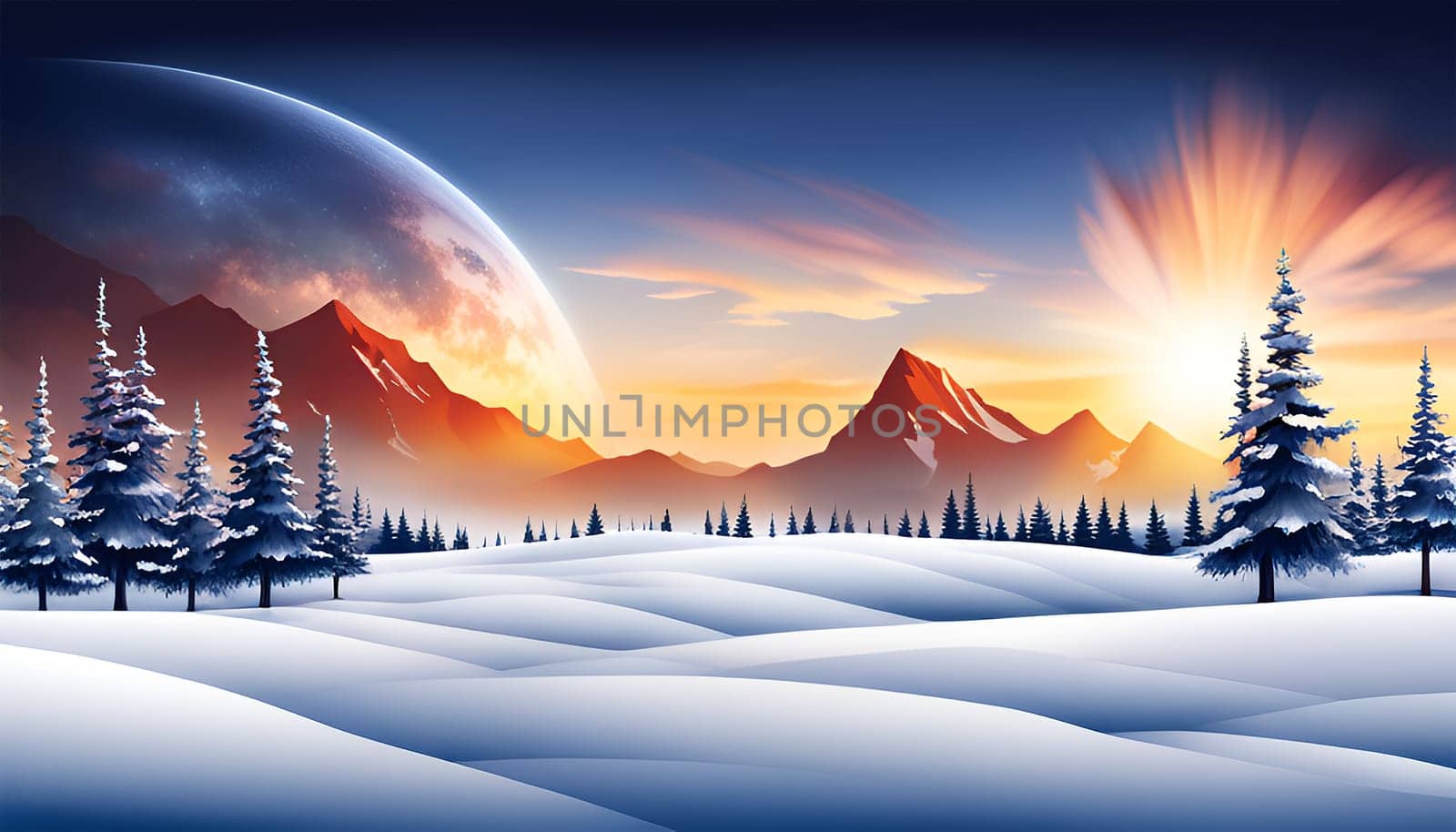 Fantasy winter mountain landscape with big moon and sunset - Generative AI