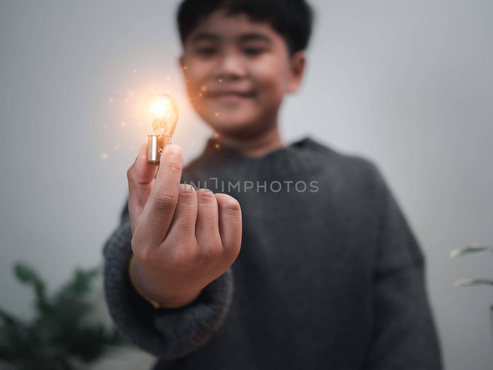 The boy is holding a light bulb. It represents the concept of education, learning, innovation, and success. by Unimages2527