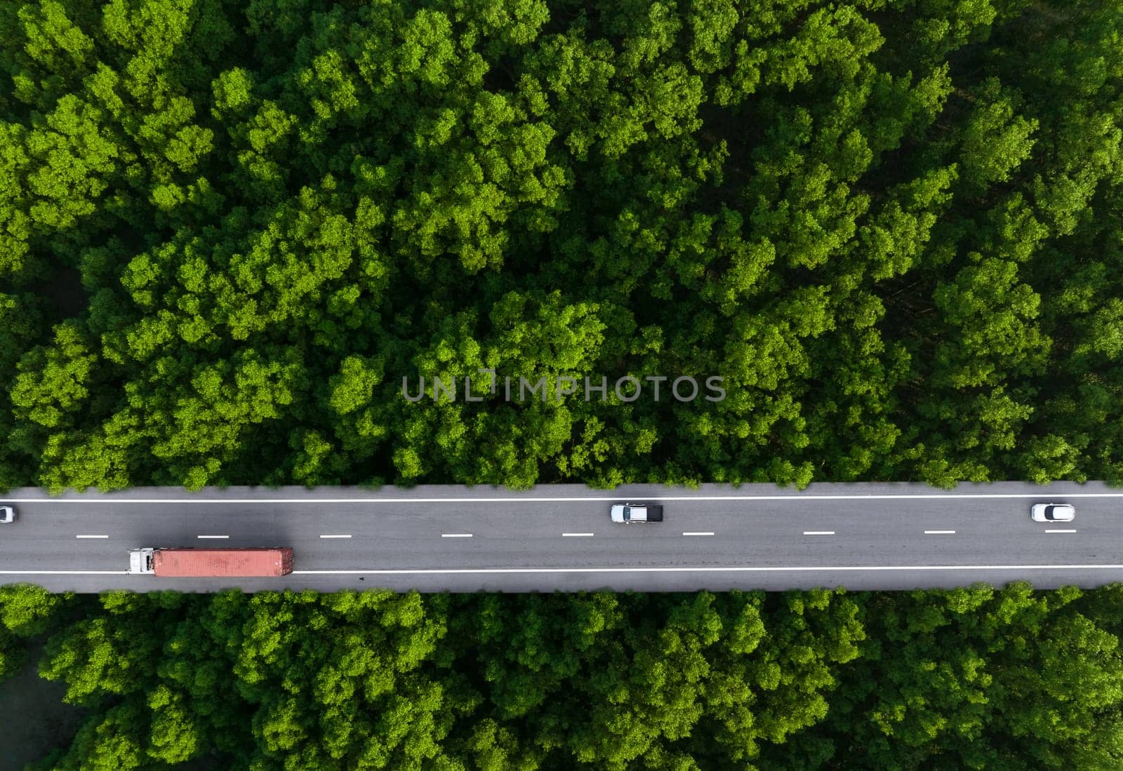 Aerial top view of car and truck driving on highway road in green forest. Sustainable transport. Drone view of hydrogen energy truck and electric vehicle driving on asphalt road through green forest. by Fahroni