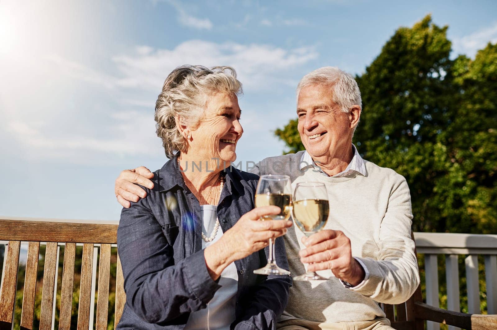Love, cheers and wine glass, old couple in summer to celebrate romance or anniversary on patio of vacation home. Happiness, senior man and woman with champagne toast, smile and romantic on holiday