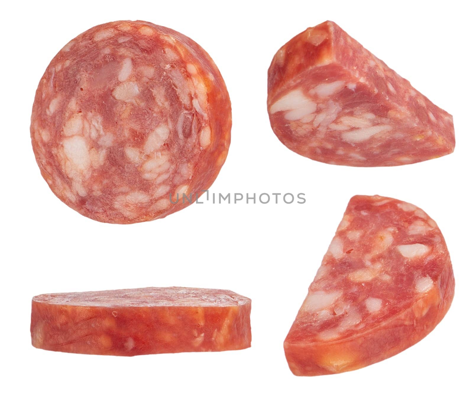 Dried sausage slices on a white isolated background. Sausage slices in different cuts are suitable for inserting into a design or project. by SERSOL