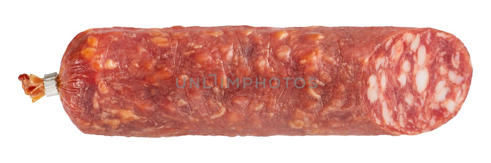 Dried sausage roll on a white isolated background. The sausage roll is suitable for inserting into a design or project. by SERSOL