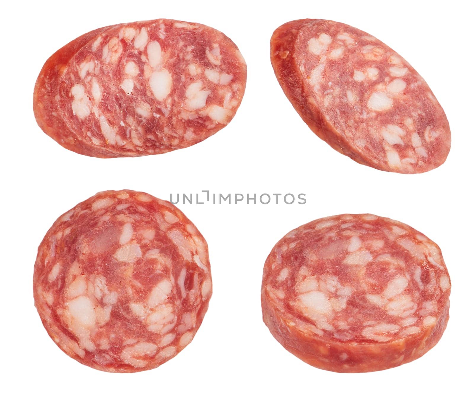 Dried sausage slices on a white isolated background. Sausage slices in different cuts are suitable for inserting into a design or project. High quality photo