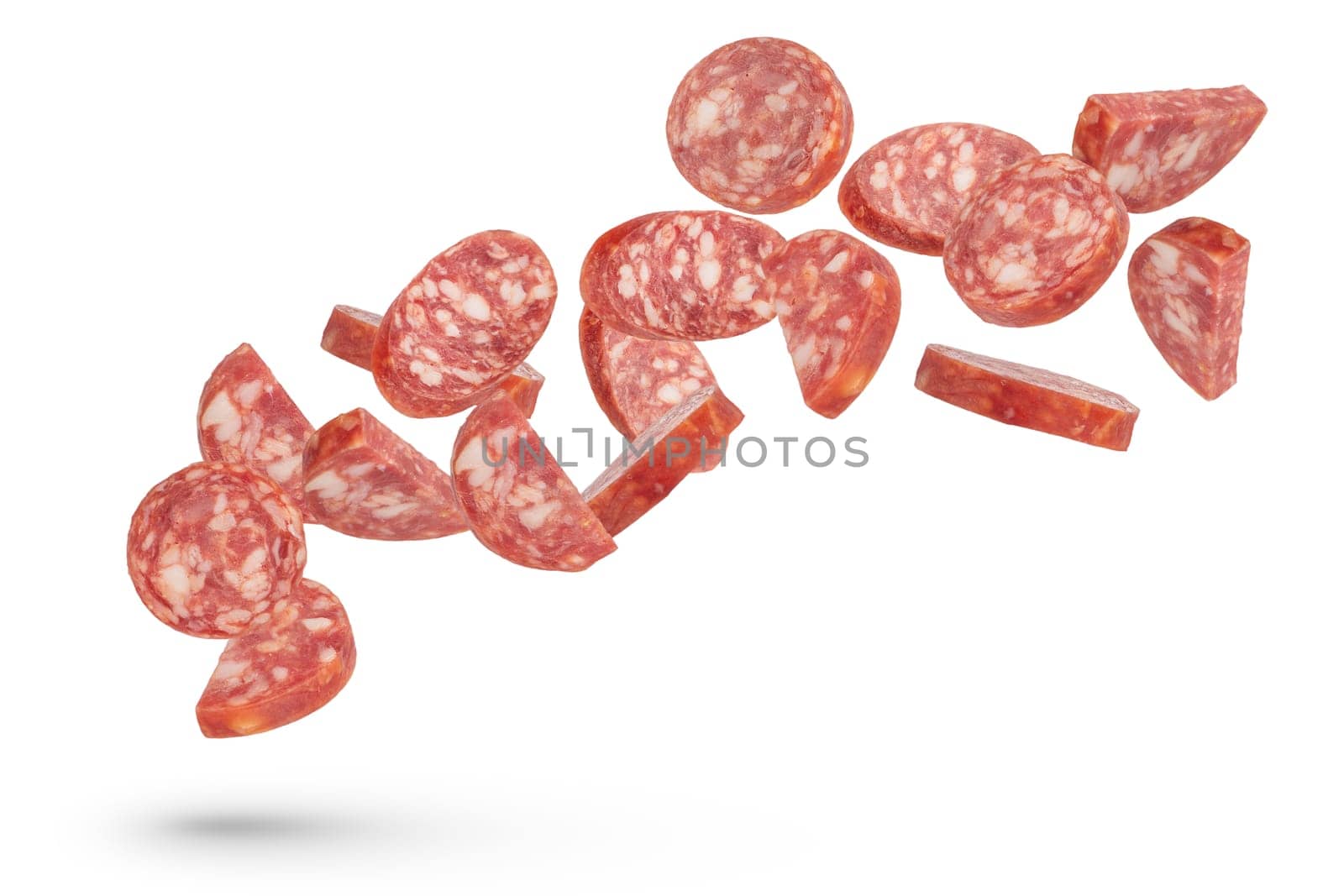 Flying sausage isolate. Dried sausage slices and different ways of cutting are scattered in different directions on a white isolated background. Suitable for pasting into a design or project. by SERSOL