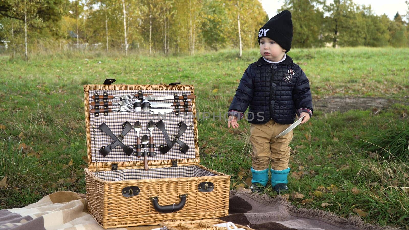 Little boy in the park on a picnic. Cute little boy in the park with a basket for a picnic.