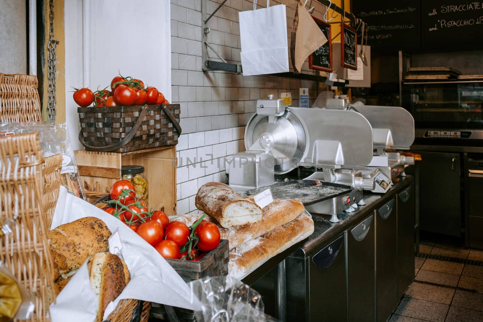 Homemade bread in artisan deli shop with bakery