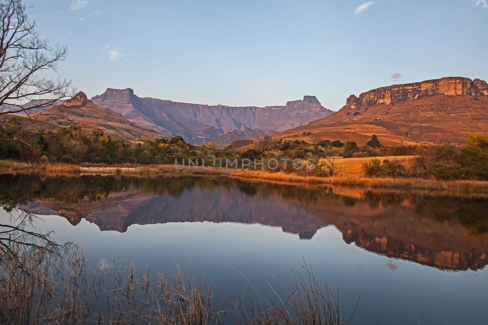 Early morning reflections of the Amohitheatre formation in a calm Drakensberg lake in Royal Natal National Park. KwaZulu-Natal. South Africa