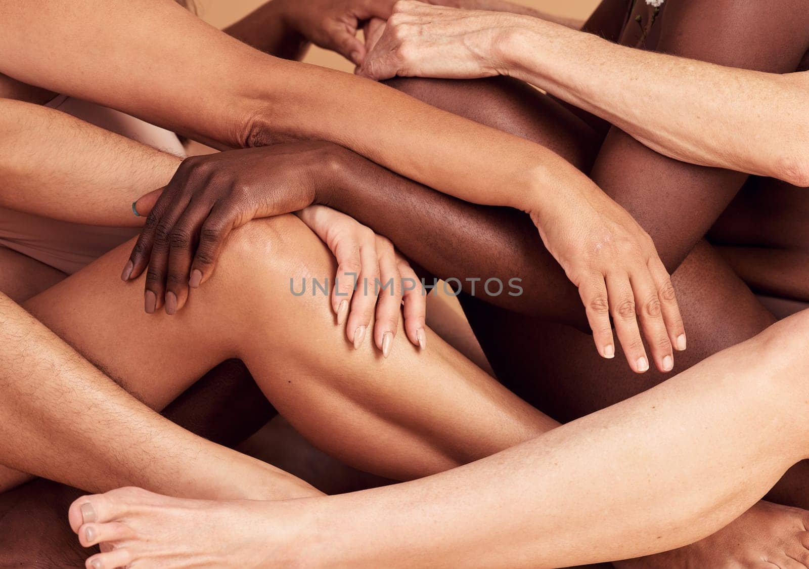 Beauty legs, hands and diversity women together in solidarity, support and woman empowerment for body positivity. Epilation, skincare and model girl friends with self love, wellness and self care.