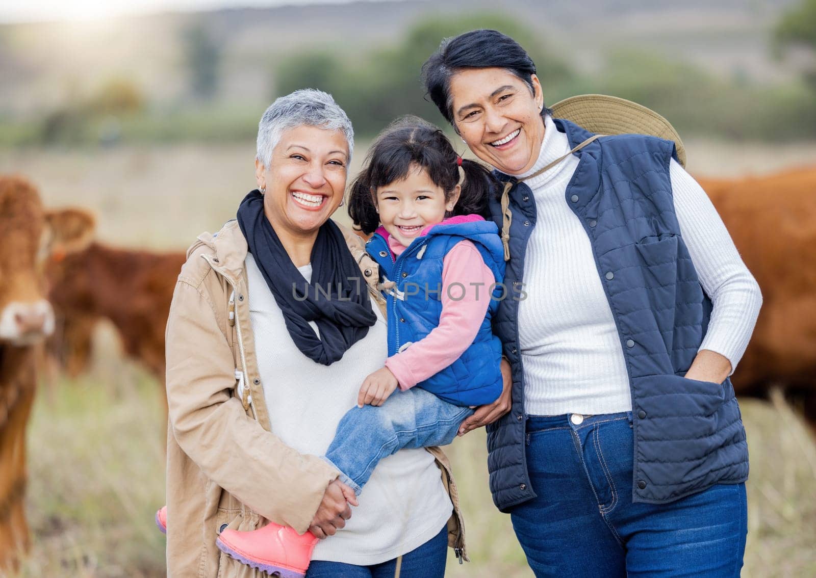 Farm, agriculture and portrait of grandparents with girl in countryside for farming, livestock and agro. Sustainability, family and child with cows for farmer, animal produce and eco friendly ranch.