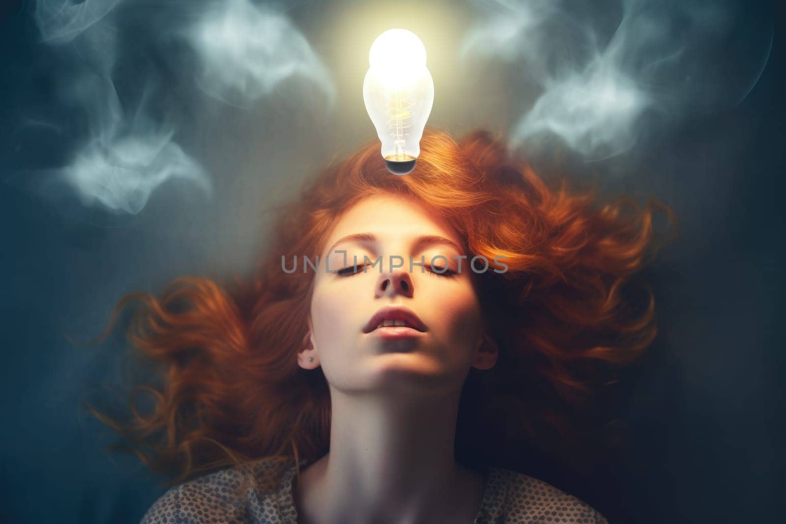 bright light bulb float above of young scandinavian woman's head. beautiful Generative AI AIG32
