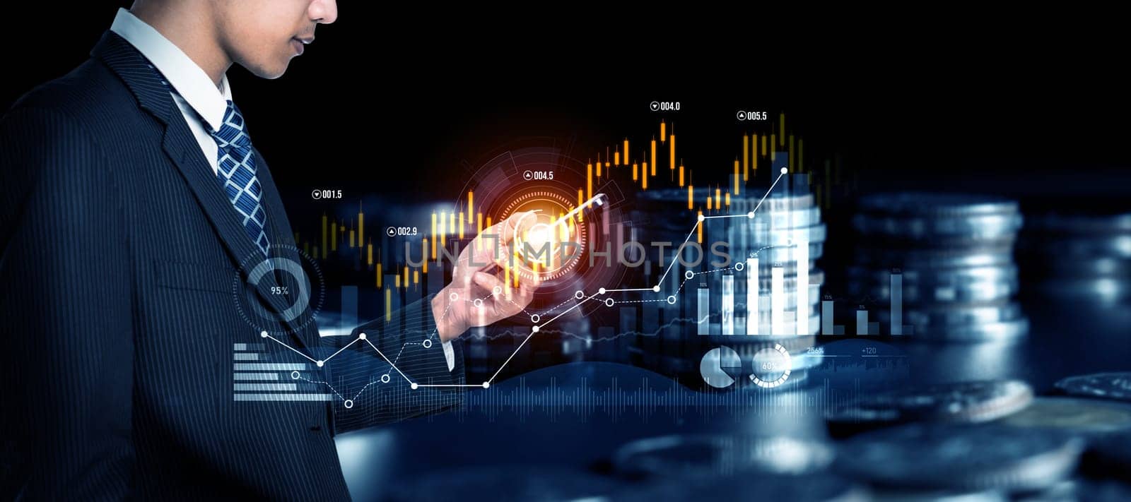 Businessman analyst working with digital finance business data graph showing technology of investment strategy for perceptive financial business decision. Digital economic analysis technology concept.