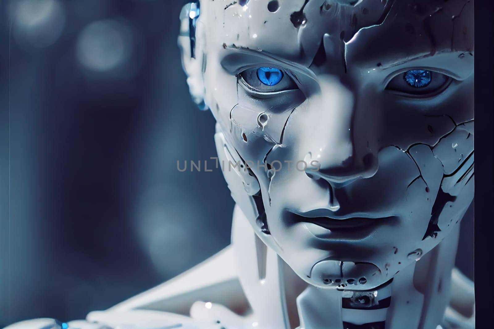 Wondrous hyper realistic closeup portrait artificial intelligent humanoid robot still in skeleton stage assemble in android factory. Advanced bionic and robotic engineering technology by generative AI