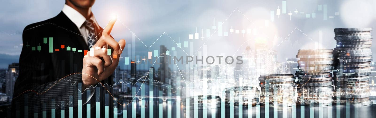 Businessman analyst working with digital finance business data graph showing technology of investment strategy for perceptive financial business decision. Digital economic analysis technology concept.