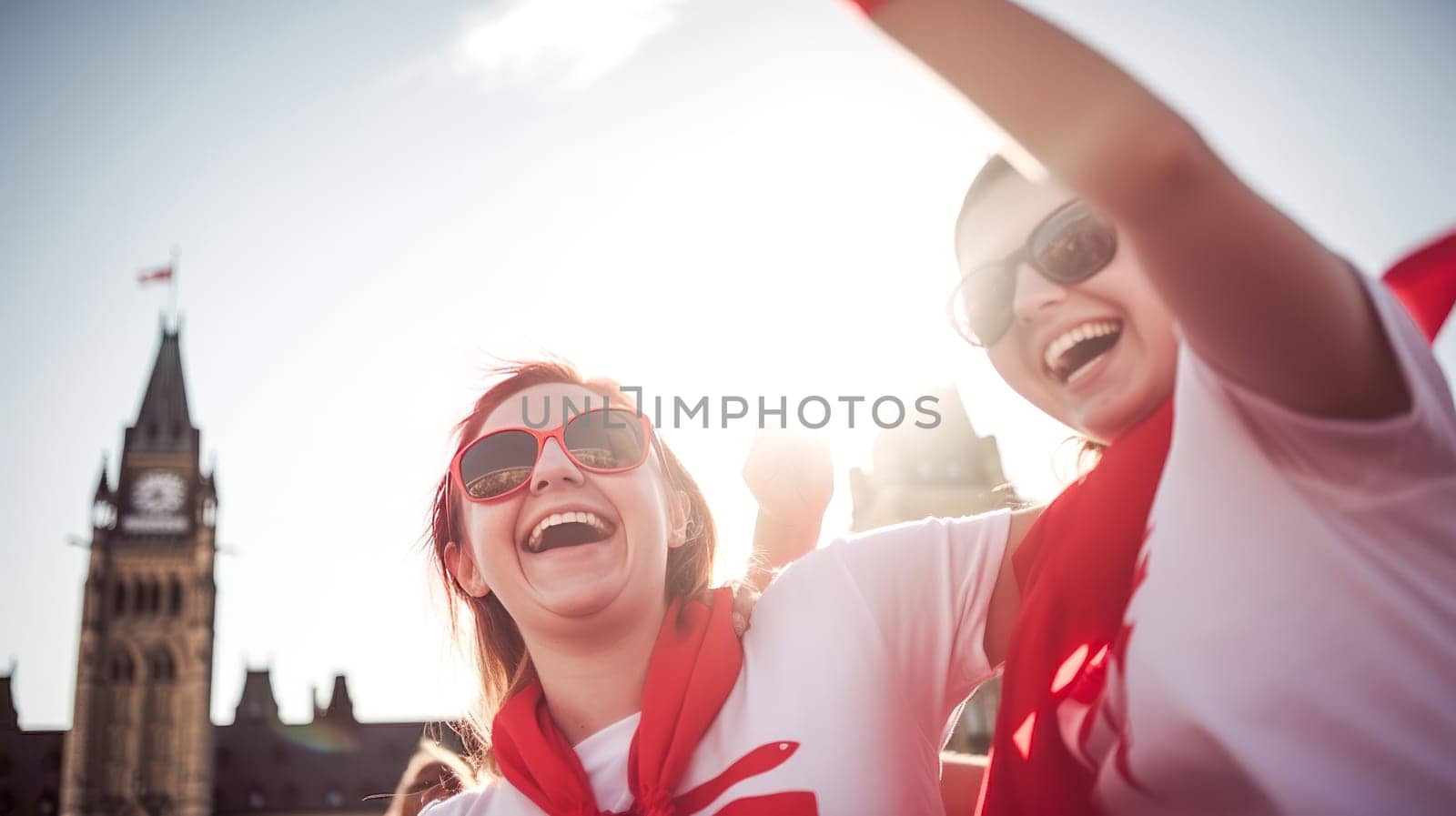 Young people celebrating Canada Day infront of Parliament of Canada. Happy tourists visiting Canada. Summer vacation. Generative ai