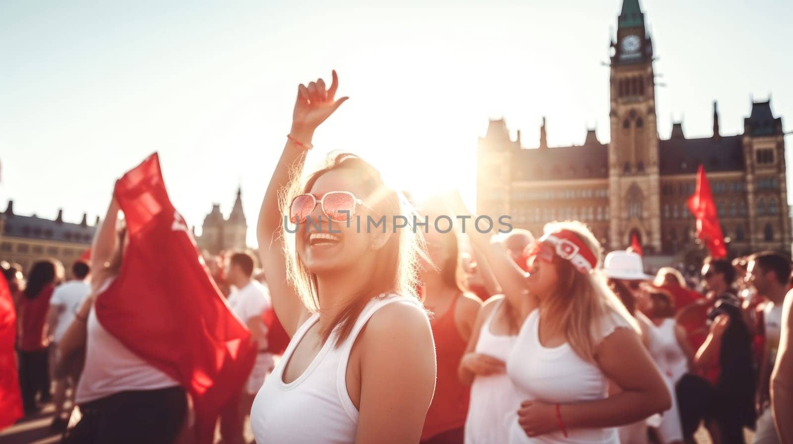 Young people celebrating Canada Day infront of Parliament of Canada. Happy tourists visiting Canada. Summer vacation. Generative ai