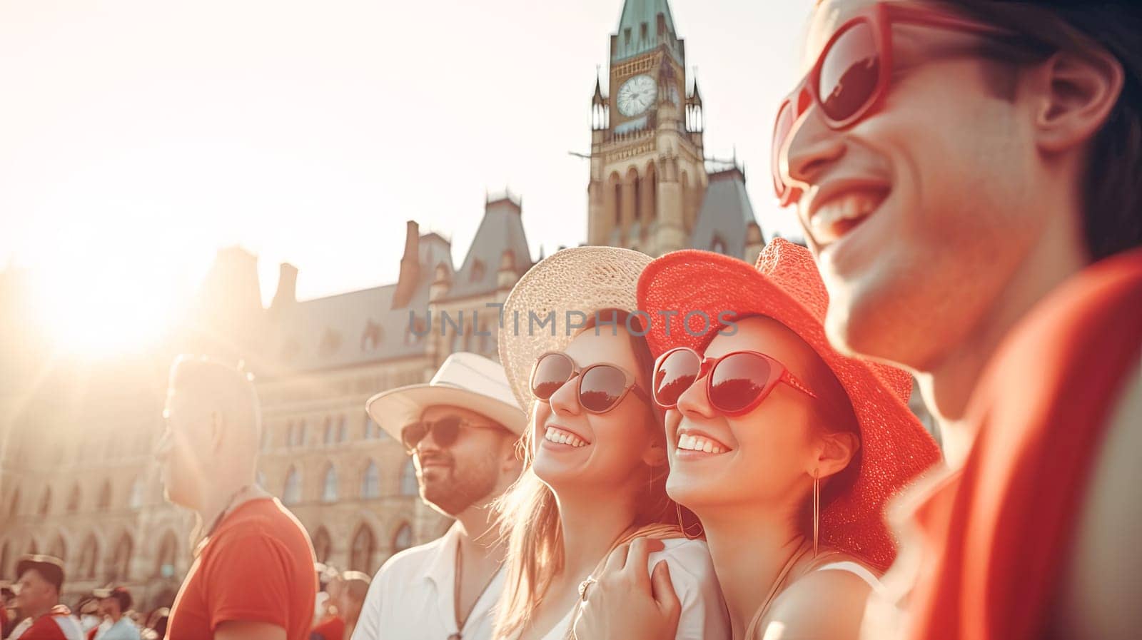 Young people celebrating Canada Day infront of Parliament of Canada. Happy tourists visiting Canada. Summer vacation. Generative ai