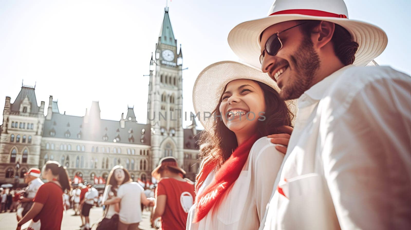 Young people celebrating Canada Day infront of Parliament of Canada. Happy tourists visiting Canada. Summer vacation. Generative ai
