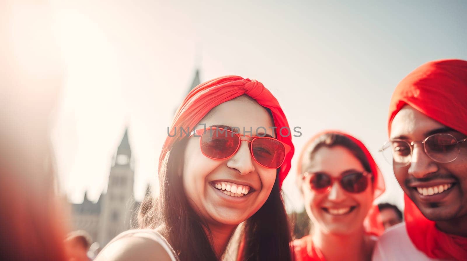 Group of Indian people celebrating Canada Day infront of Parliament of Canada. Happy tourists visiting Canada. Summer vacation. Generative ai