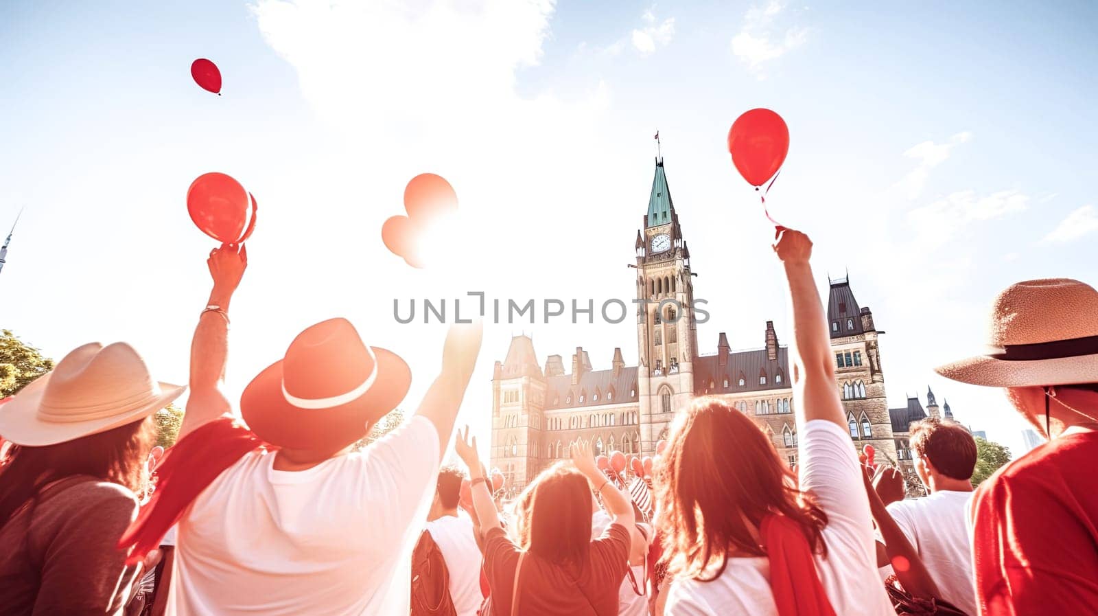 Young people celebrating Canada Day infront of Parliament of Canada. Happy tourists visiting Canada. Summer vacation. Generative ai