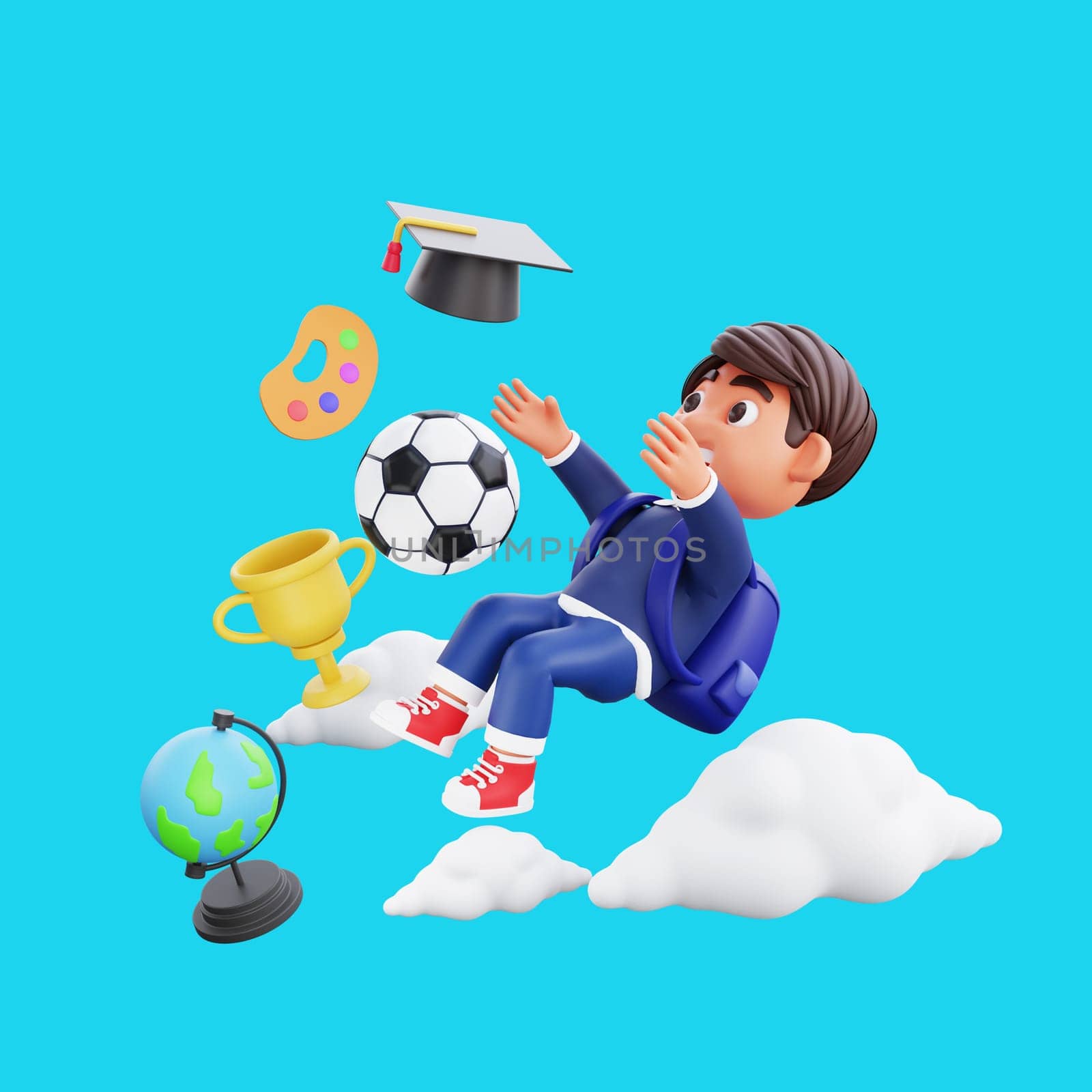 3d cute character flying to reach dreams Back to school concept