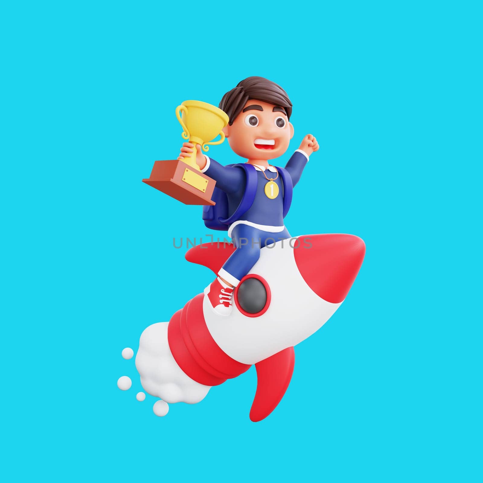 3d cute character champion get trophy and medal flying on a rocket Back to school concept