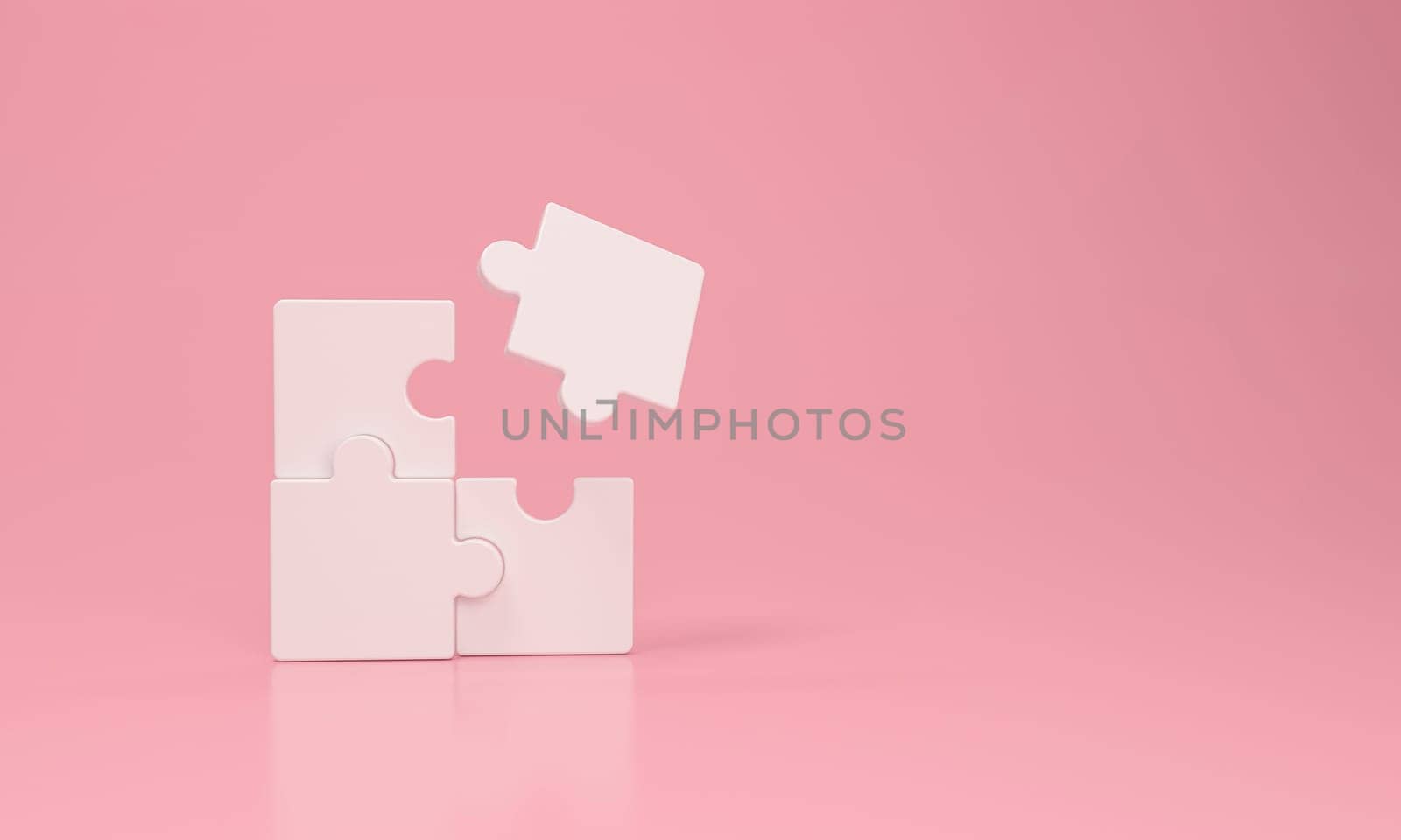 Connection together puzzle pieces on a pink background. 3D rendering.