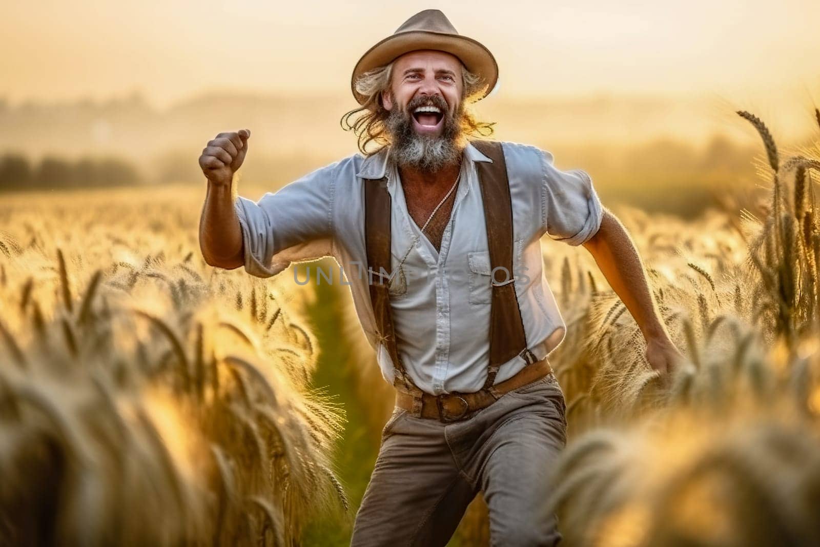 The man in the hat rejoices at the grain harvest. Generative AI. High quality illustration