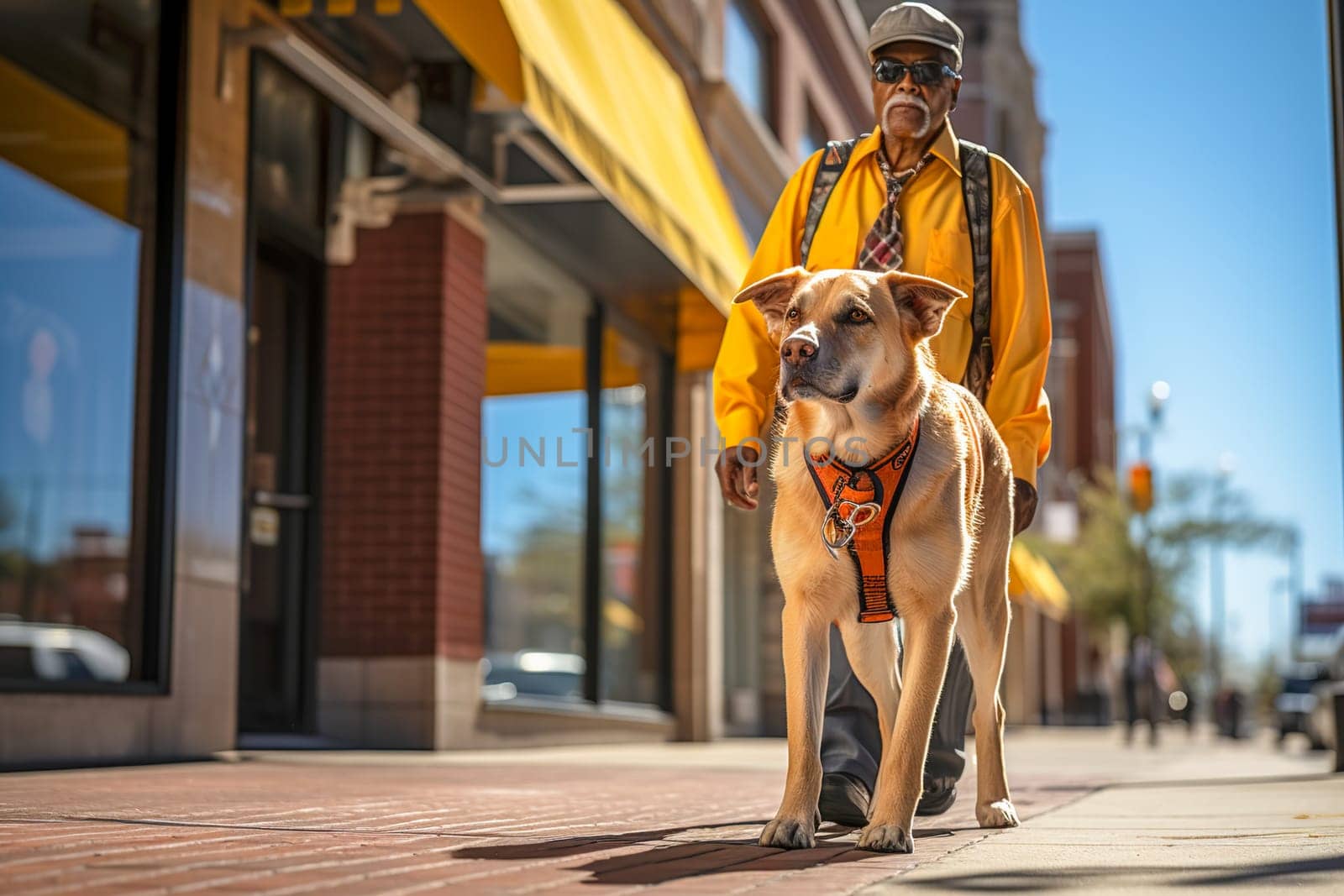 A guide dog helps a visually impaired man walk. Generative AI. High quality illustration