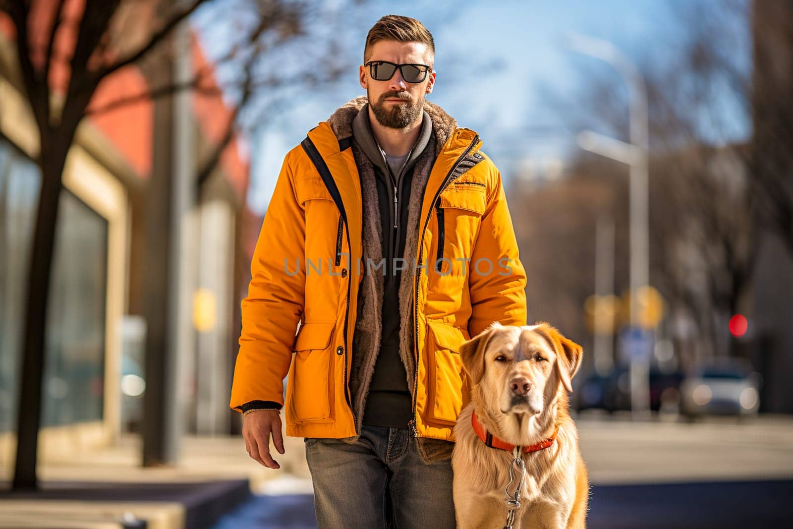 A guide dog helps a visually impaired man walk. Generative AI. High quality illustration