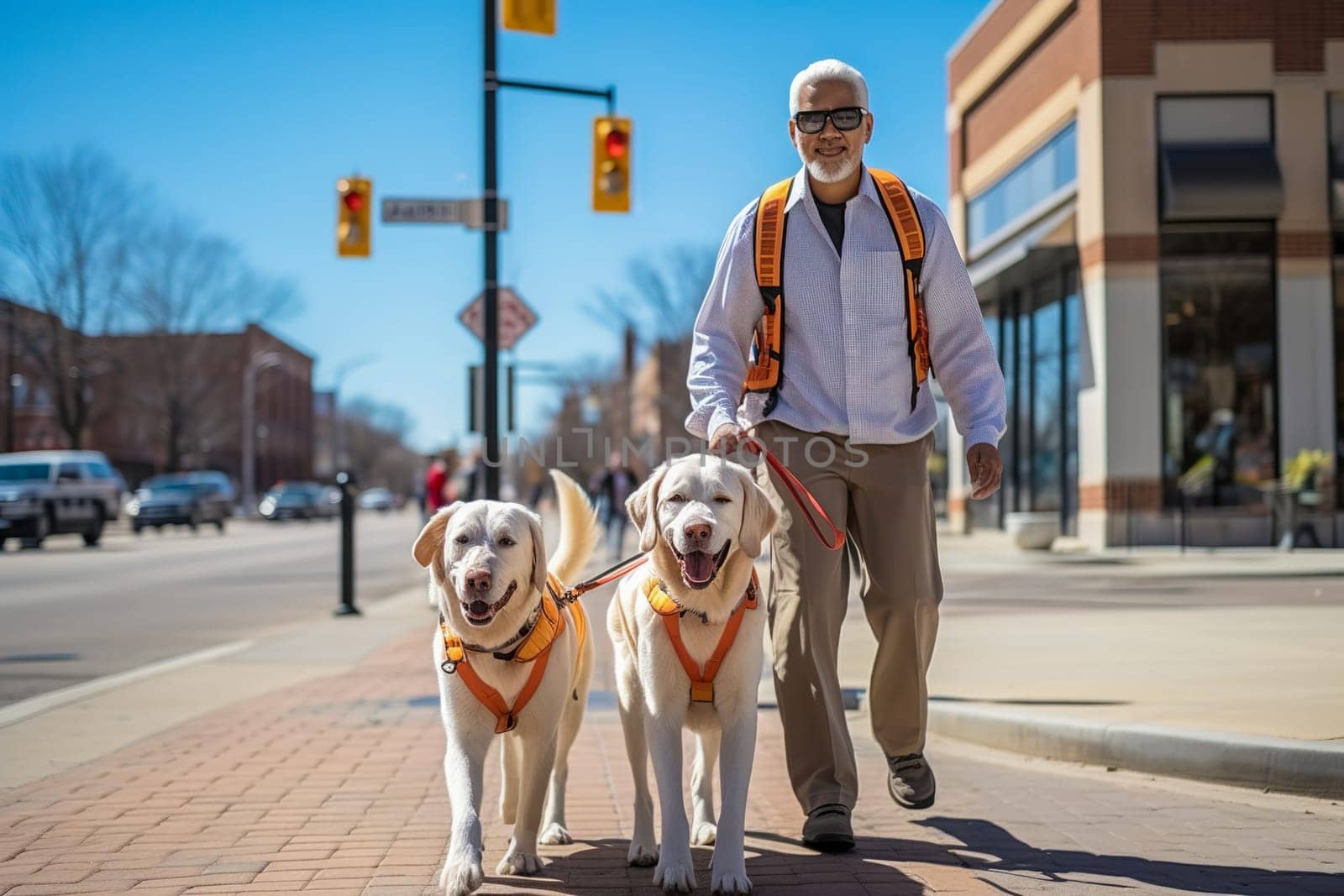 Guide dogs help a visually impaired elderly person walk. Generative AI. High quality illustration