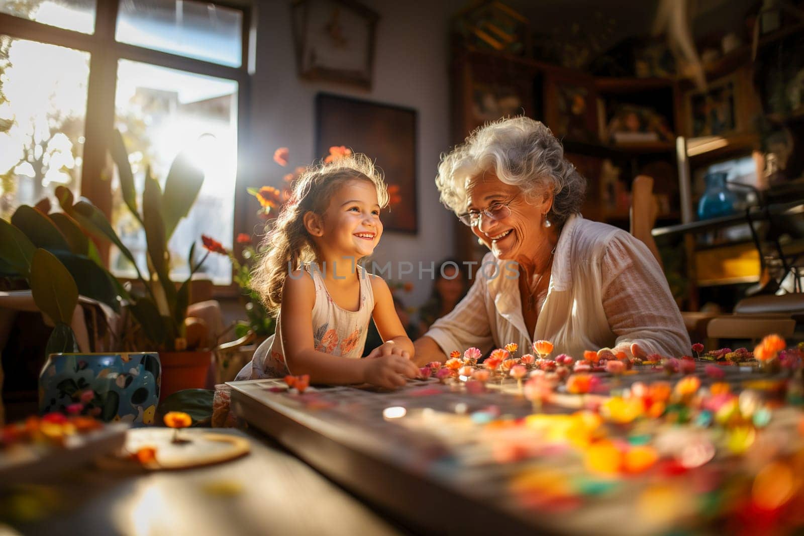 Cheerful grandmother plays with her granddaughter in the room. Generative AI. High quality illustration