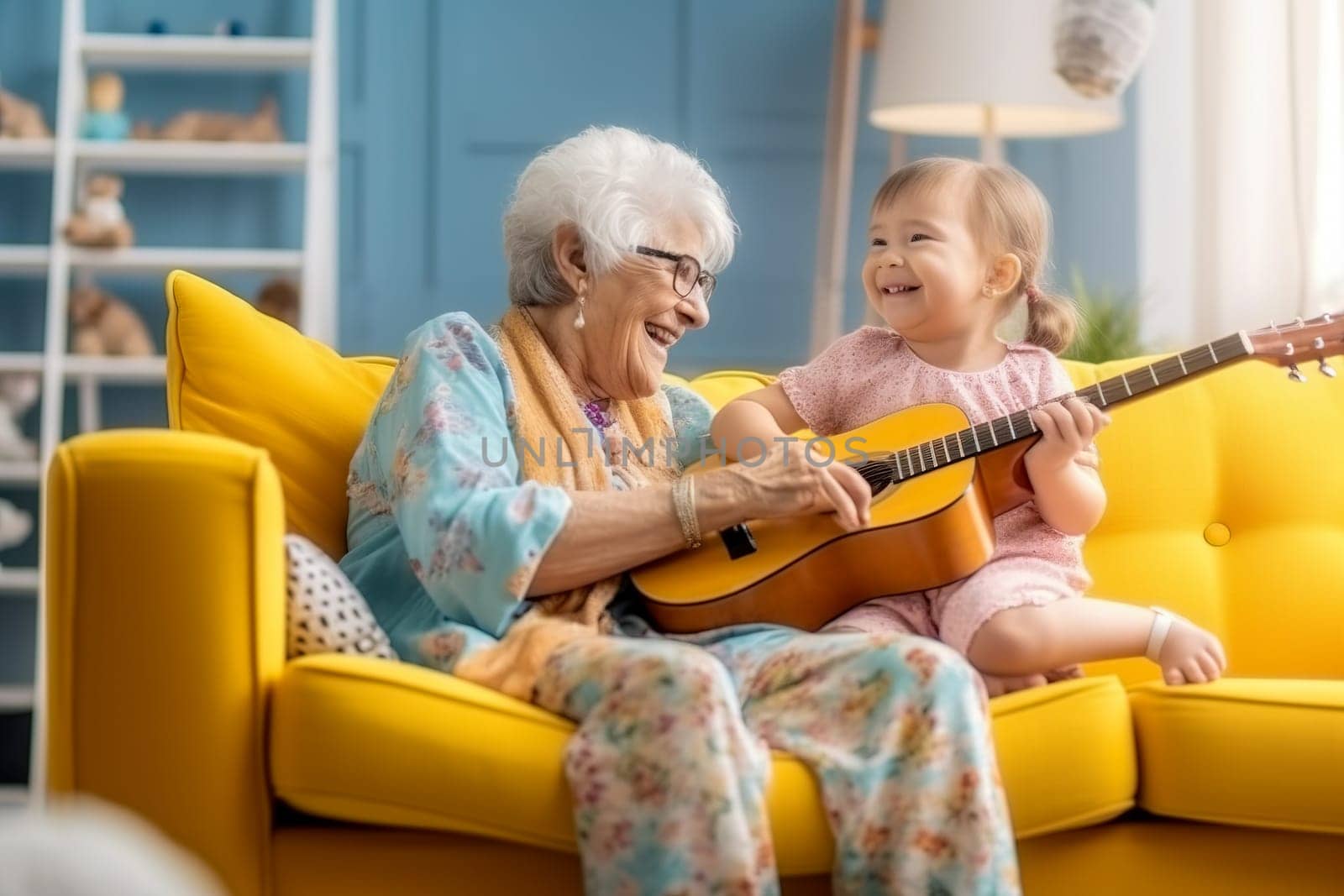 Cheerful grandmother plays with her granddaughter on the guitar in the room. Generative AI. High quality illustration