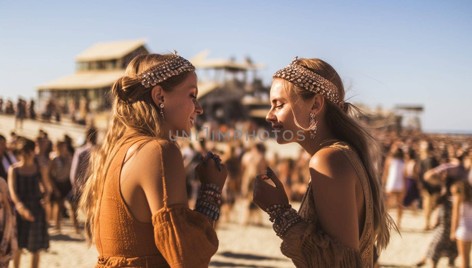 Two female friends dancing and having fun at music festival in the summer. Summer Holiday vacation concept. Happy young woman having fun sunlight bohemian style girls